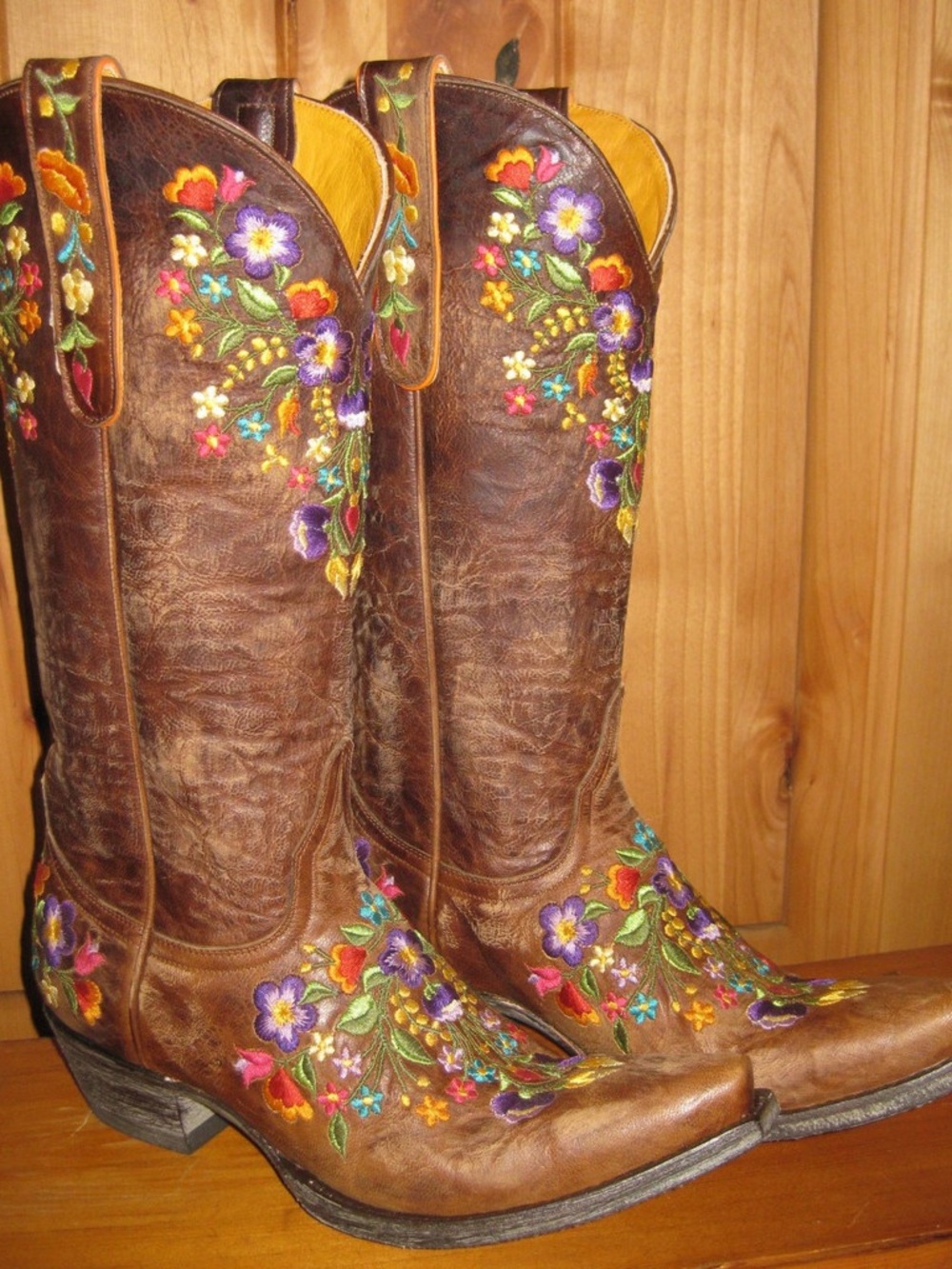 Old Gringo Brown Leather Western Boots with Multicolor Floral Embroidery